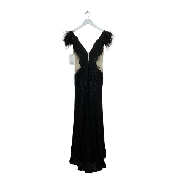 Mac Duggal Dress 67782 Black Feather Trim Floral Cutout Lace Gown Size 8 $698 - Picture 5 of 7